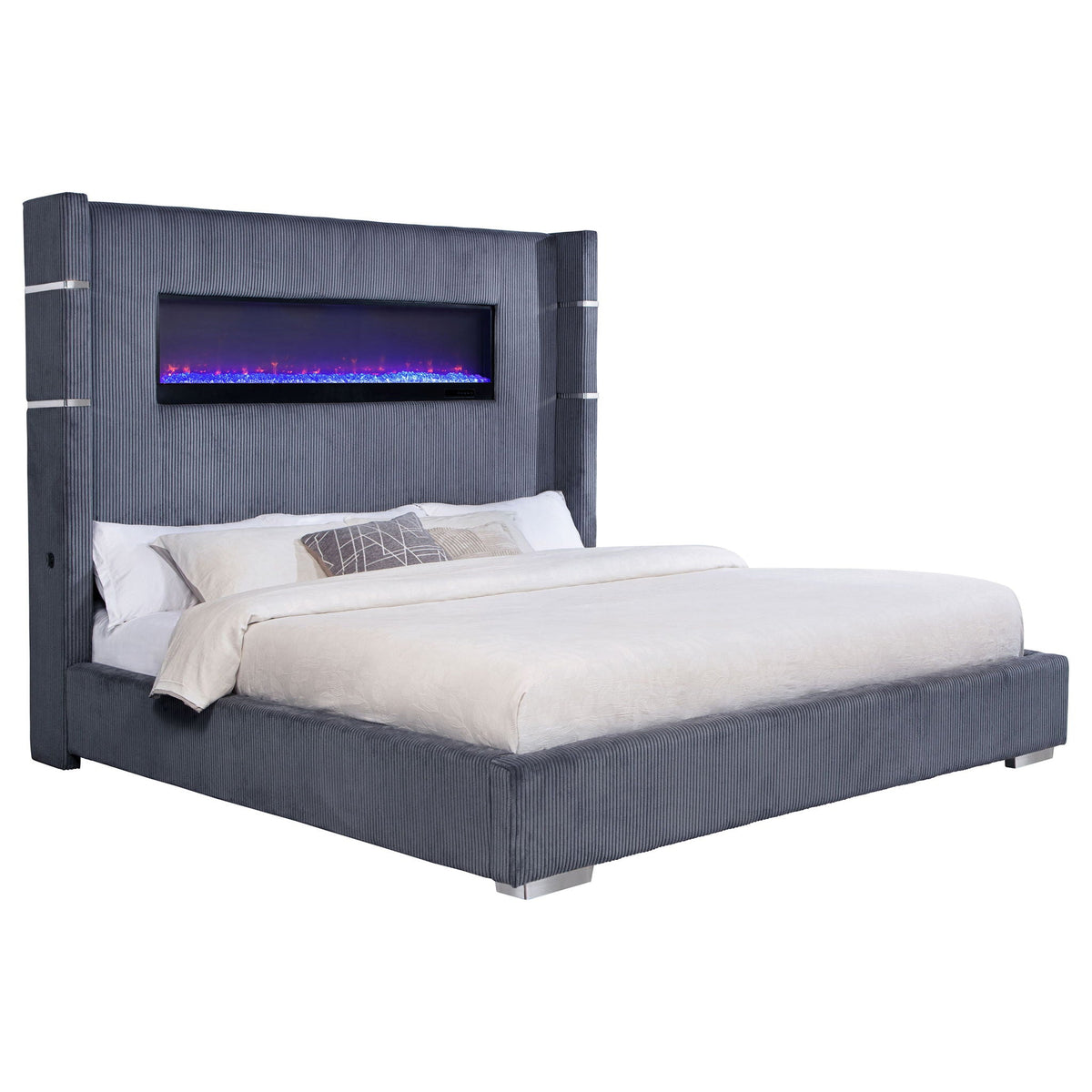 Tisdall Upholstered Eastern King Flame Visualizer Bed Grey by Unique Piece Furniture
