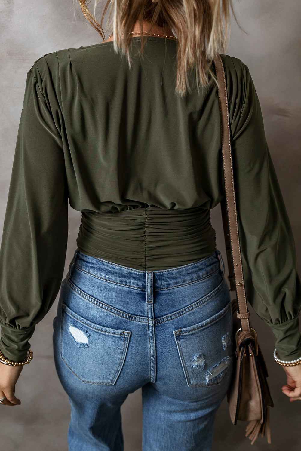 Moss Green Ruched Wrap V Neck Long Sleeve Bodysuit by Wild and Free Boutique