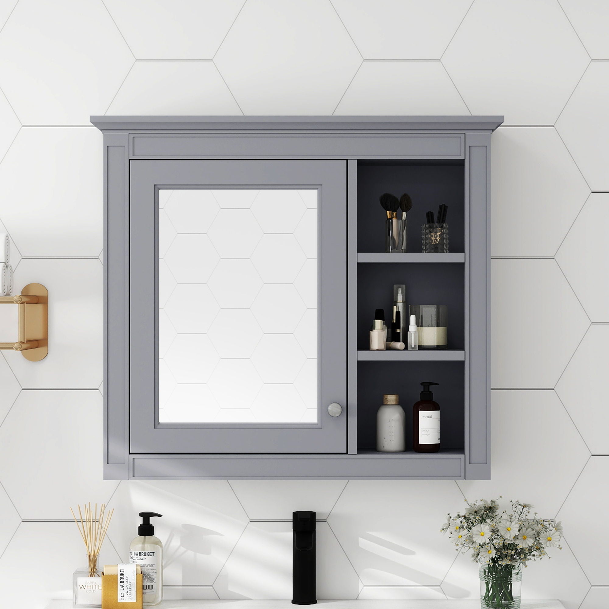 Wall Mounted Medicine Cabinet With Mirror And 3 Open Shelves by Unique Piece Furniture
