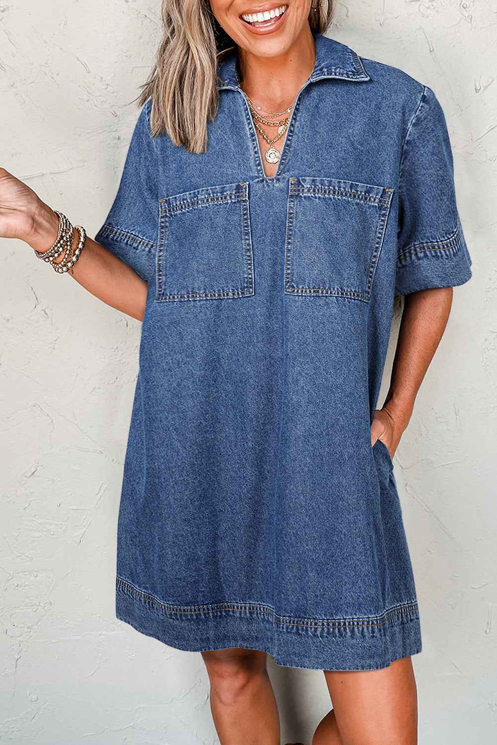 Blue Short Sleeve Collared Chest Pocket Denim Mini Dress by Wild and Free Boutique
