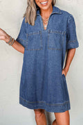 Blue Short Sleeve Collared Chest Pocket Denim Mini Dress by Wild and Free Boutique
