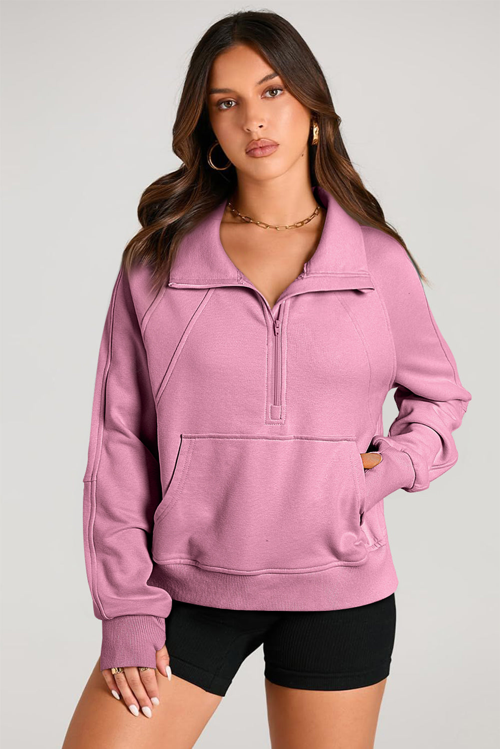 Smoke Green Quarter Zip Stand Neck Kangaroo Pocket Sweatshirt by Wild and Free Boutique