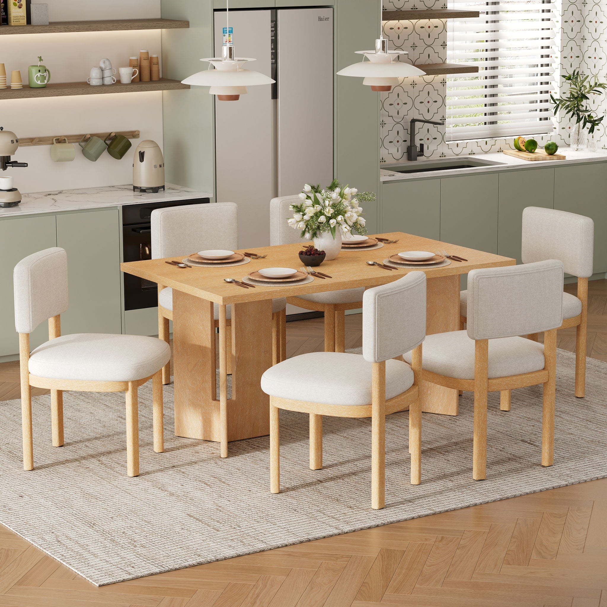 Dining Table Set With 6 Upholstered Chairs, Rectangular Table With Cutout Legs by Unique Piece Furniture