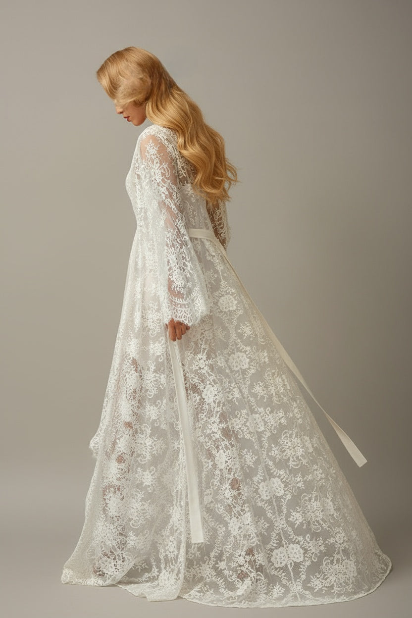Chantilly Lace Long Robe with Silky Satin Lace Nightgown - next day shipping by SelenaHuanStudio