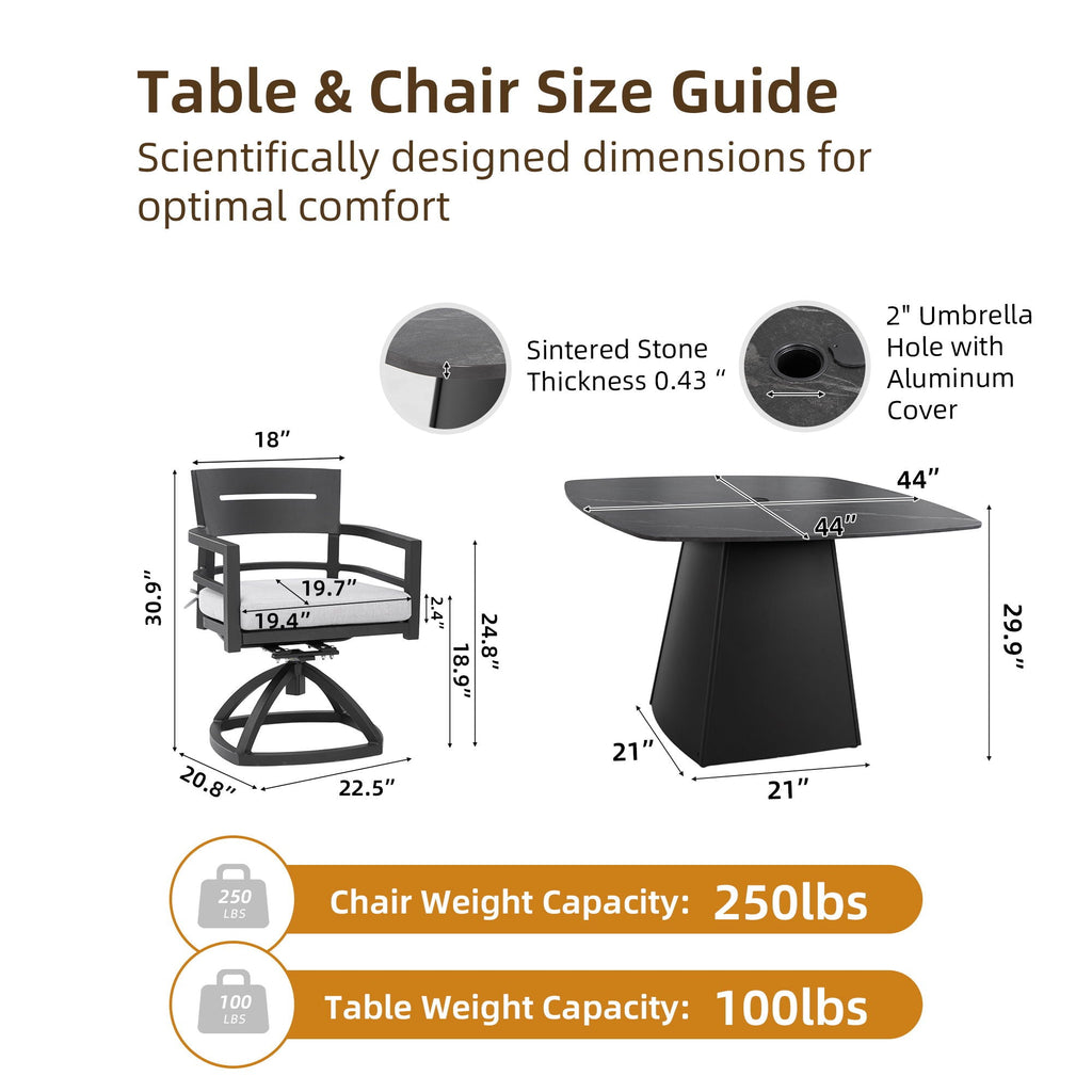 Outdoor Patio Dining Set, Squircle Dining Table, Dining Chairs With Sunbrella Cushions by Unique Piece Furniture
