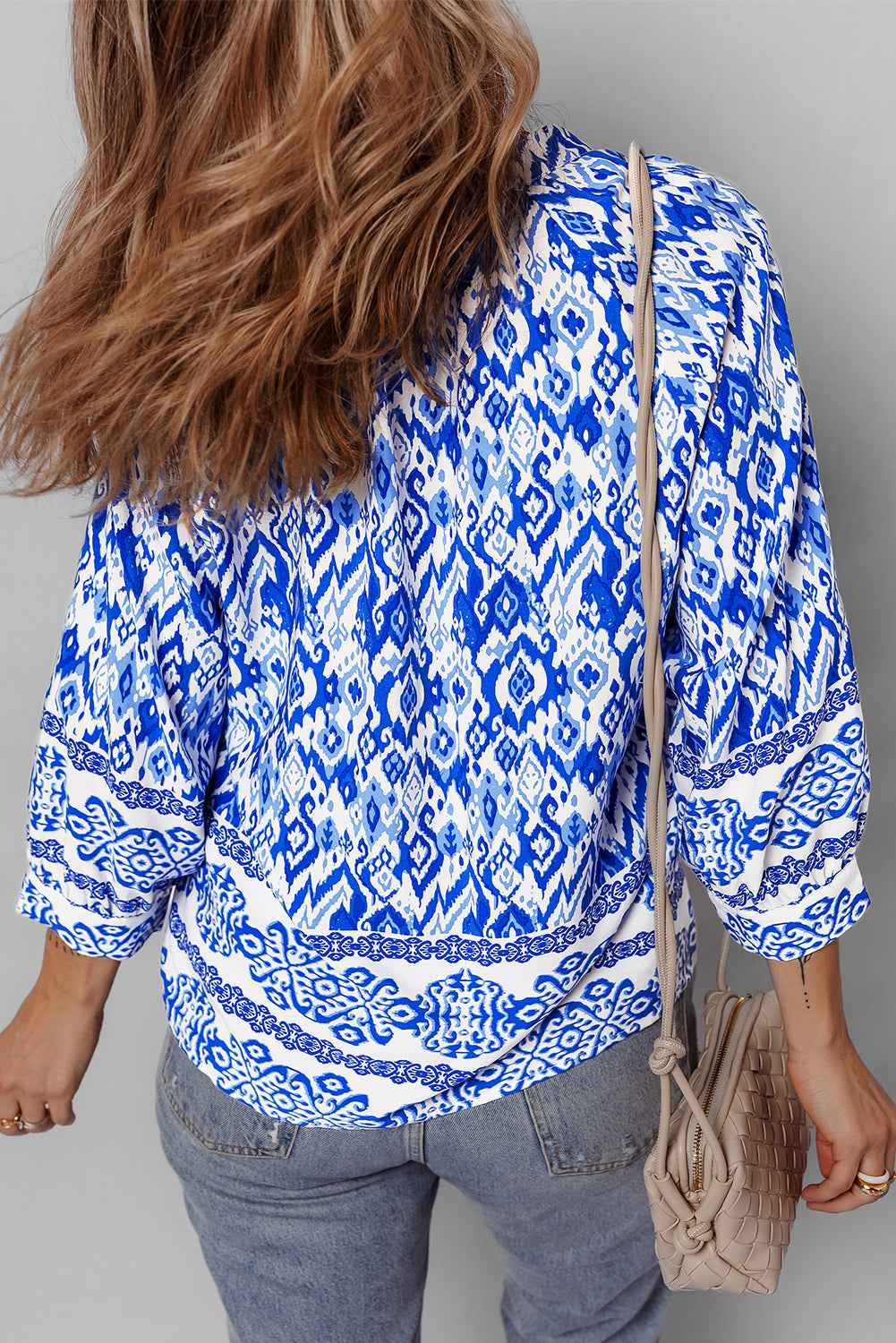 Blue Boho Printed 3/4 Sleeve Tied Neck Blouse by Wild and Free Boutique
