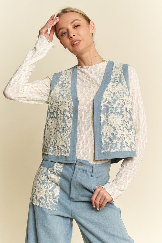 Davi & Dani Lace Patch Open Front Denim Vest by Wild and Free Boutique