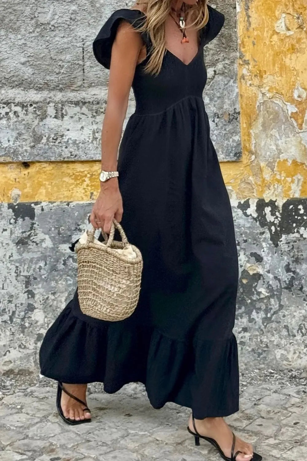 V Neck Ruffled Cap Sleeve Smocked Maxi Dress by Simply Love