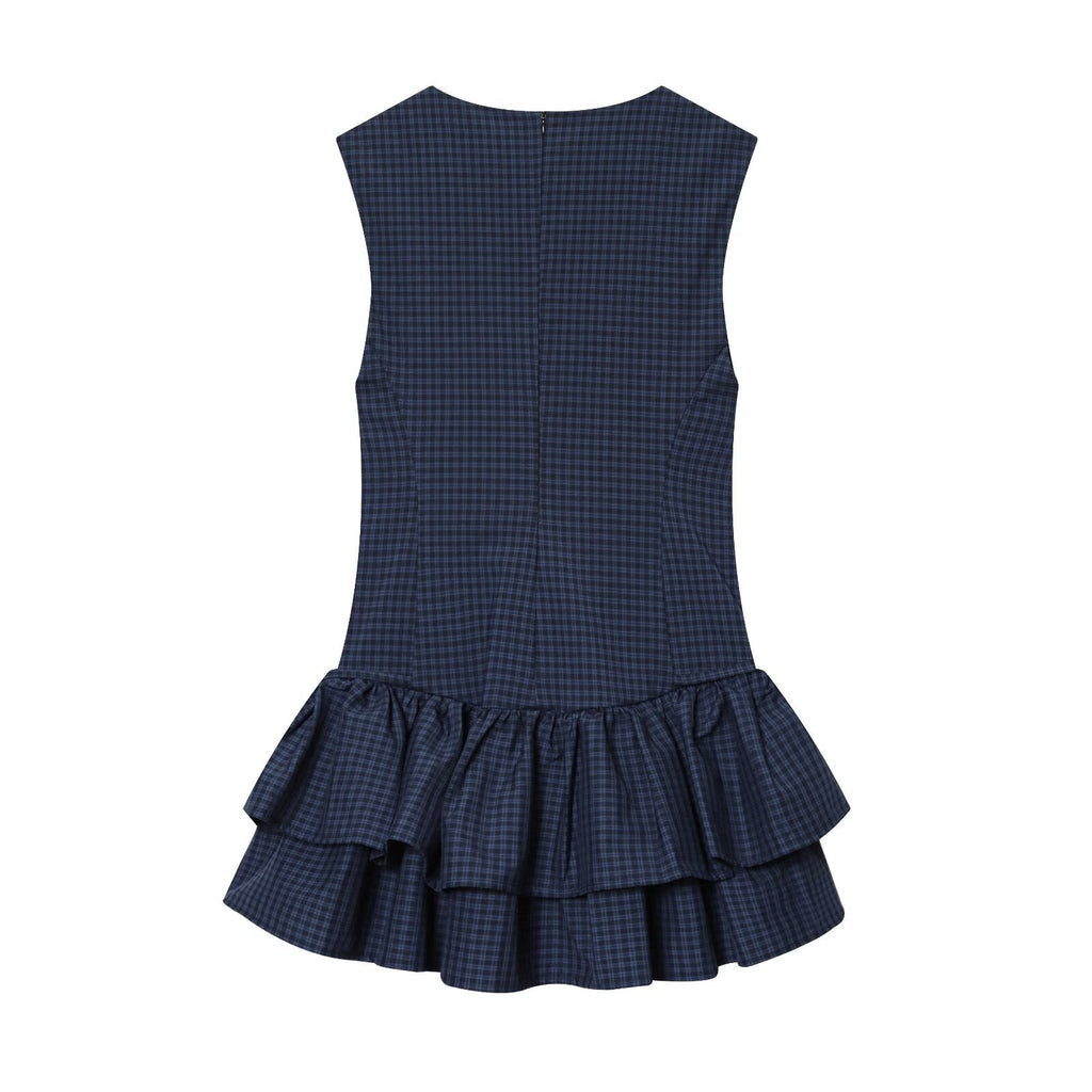 Women Clothing Autumn Sweet Romantic Plaid Laminated Decoration Short Dress by Ragazza