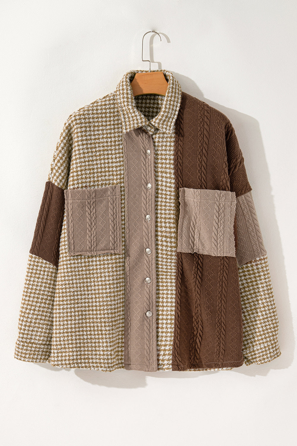 Pink Houndstooth Textured Patchwork Loose Shacket by Wild and Free Boutique