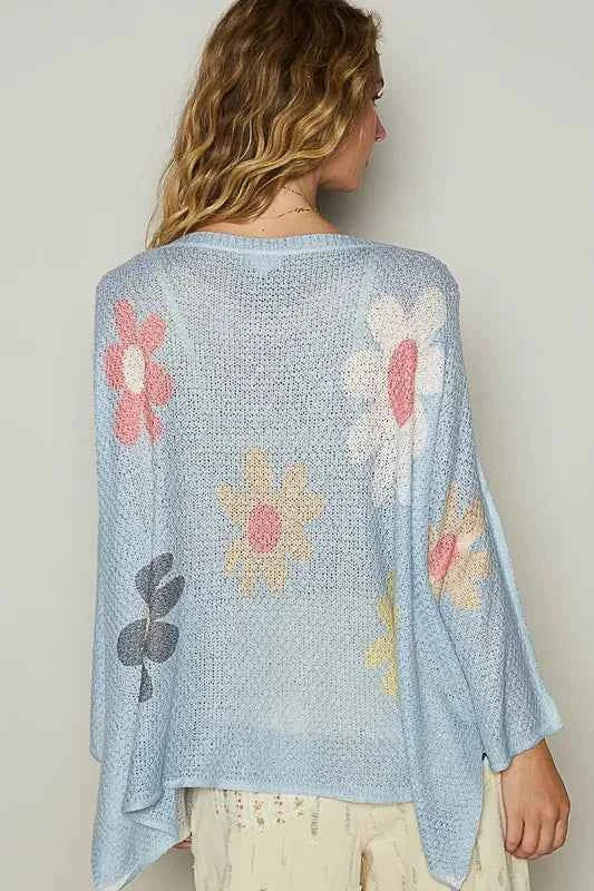 POL Flower Dropped Shoulder Long Sleeve Knit Top by Wild and Free Boutique