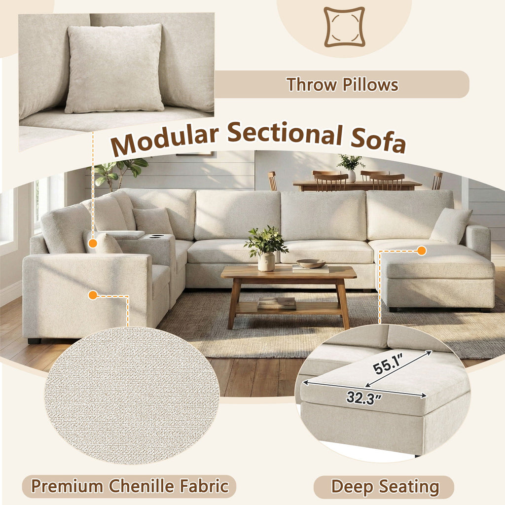 Modular 5 Seat U-Shape Sectional Sofa With Chaise Lounge, Built In Cup Holders And Storage Drawer by Unique Piece Furniture