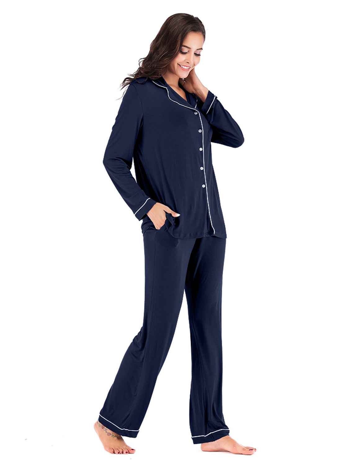Collared Neck Long Sleeve Loungewear Set with Pockets by Wild and Free Boutique