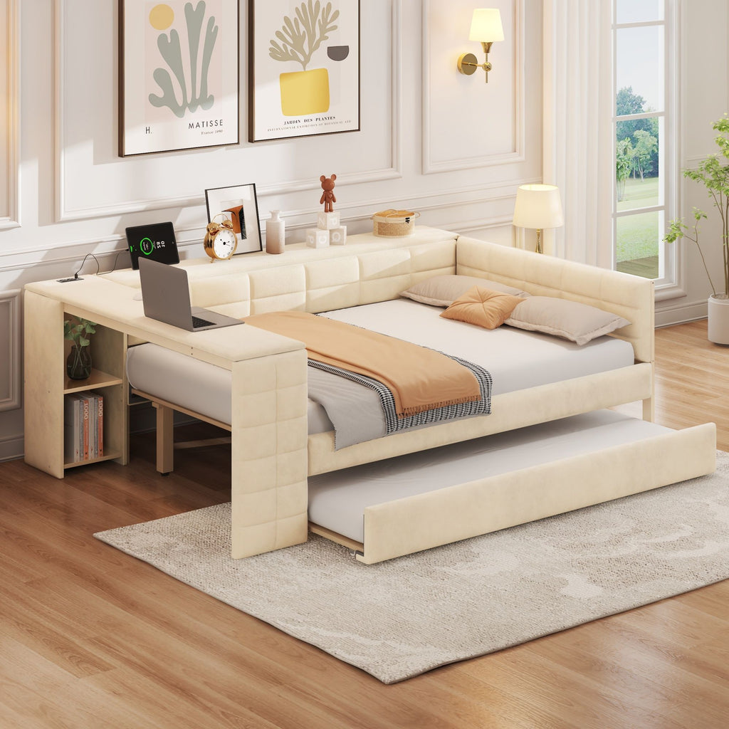 Upholstered Platform Bed With Storage Shelves, Desk, Charging Station And Trundle by Unique Piece Furniture