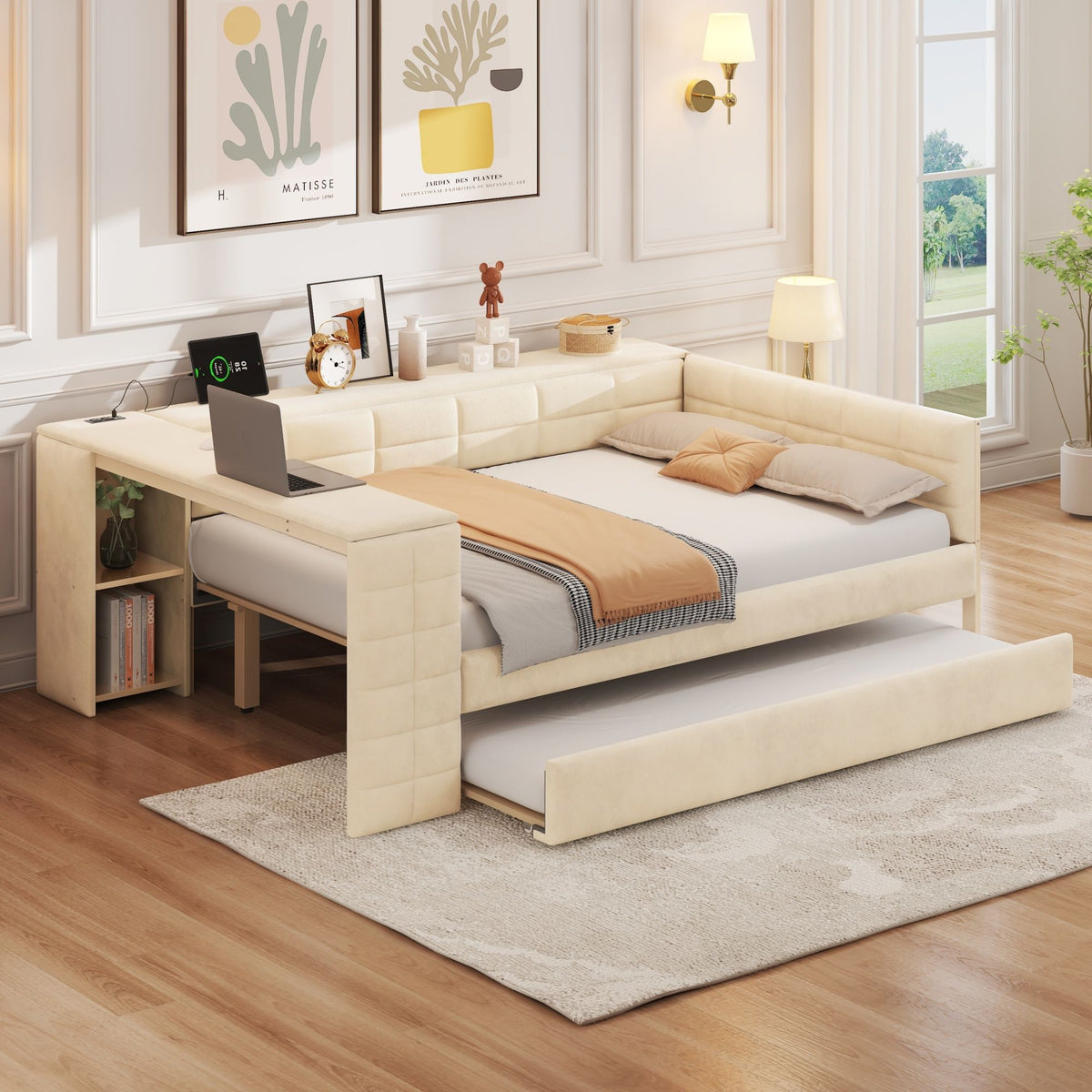 Upholstered Platform Bed With Storage Shelves, Desk, Charging Station And Trundle by Unique Piece Furniture
