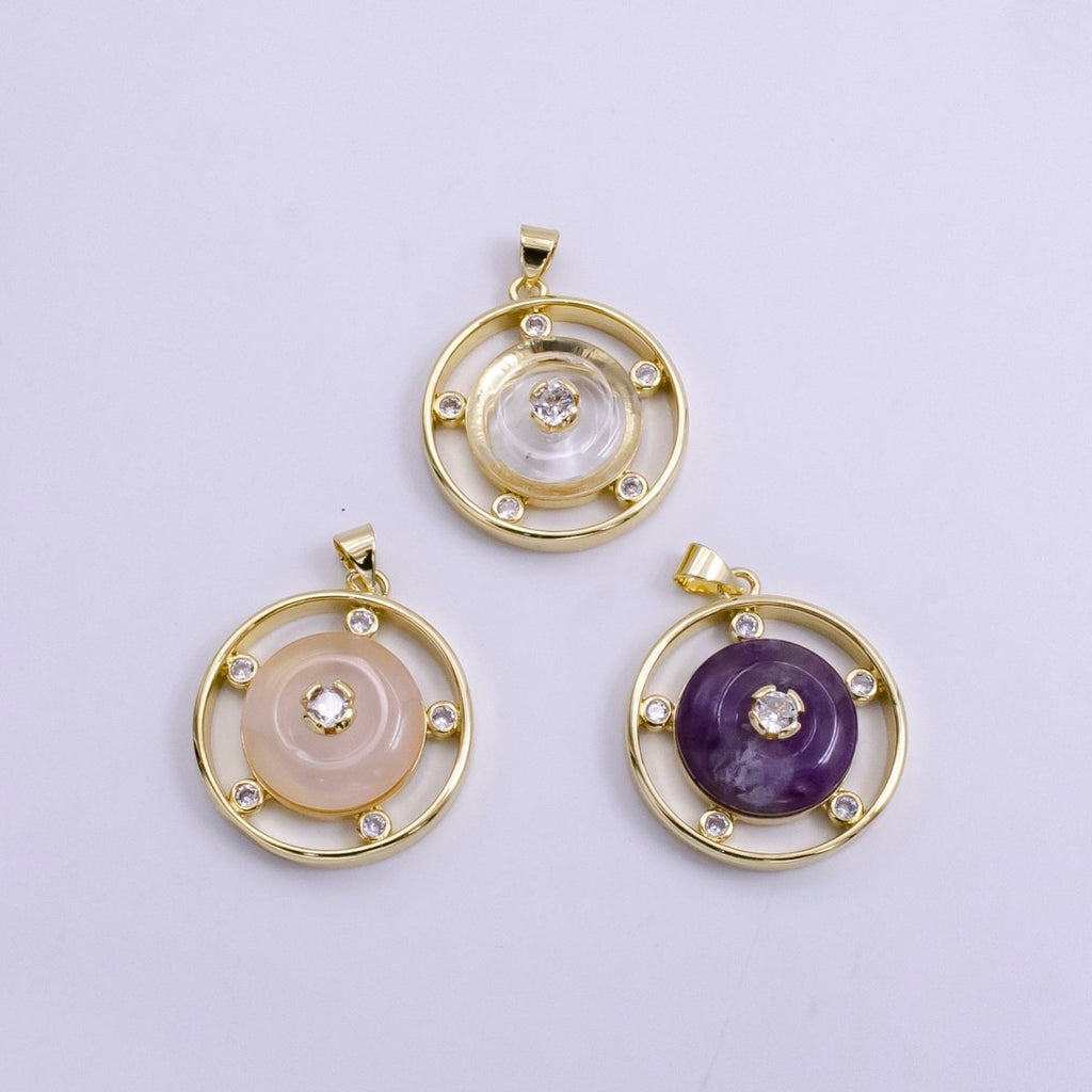 14K Gold Filled 30mm Clear Quartz, Rose Quartz, Amethyst CZ Open Round Pendant | AH055 - AH057 by DLUXCA