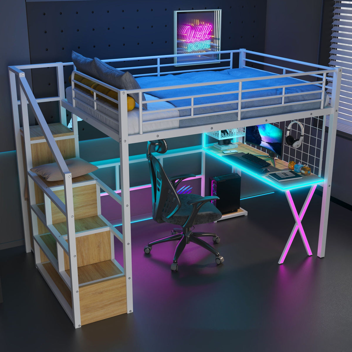 Loft Bed With Built In Work Station, Wardrobe, Storage Staircase And LED by Unique Piece Furniture