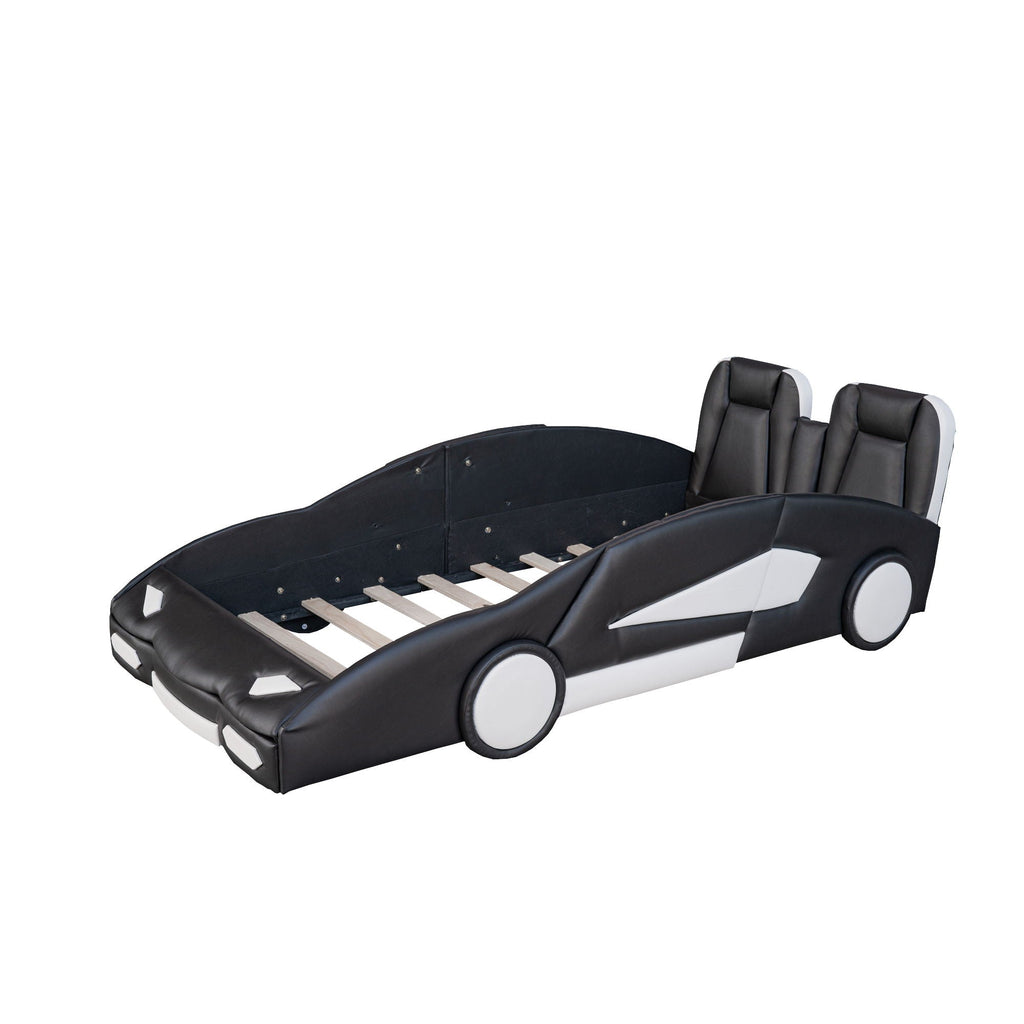 Race Car Shaped Twin Platform Bed With Wheels, Pine Wood Construction by Unique Piece Furniture