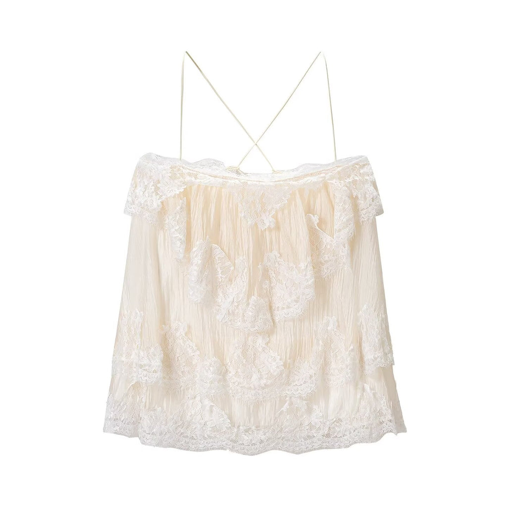 French Romantic Lace Strap Dress Layered Ruffled Backless Lace up Short Dress by Ragazza