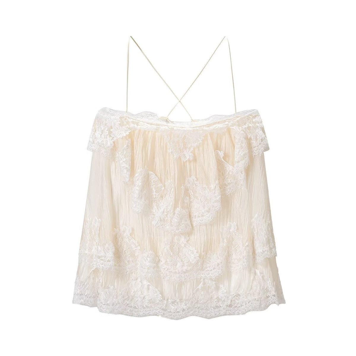 French Romantic Lace Strap Dress Layered Ruffled Backless Lace up Short Dress by Ragazza