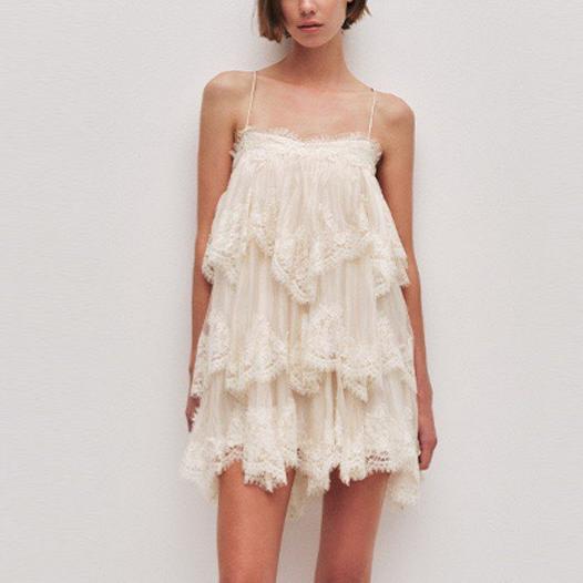 French Romantic Lace Strap Dress Layered Ruffled Backless Lace up Short Dress by Ragazza