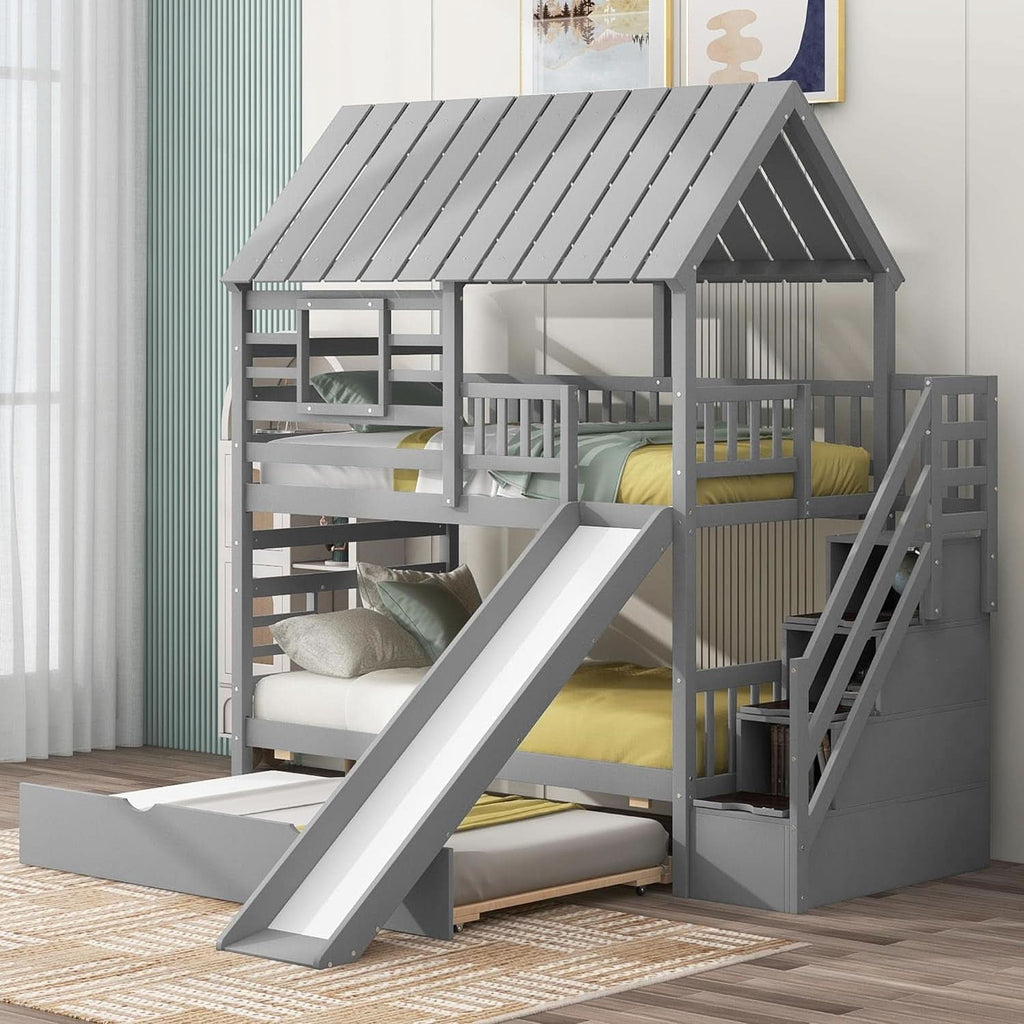Twin Over Twin Bunk Bed With Slide For Kids Room Decor by ShipItFurniture