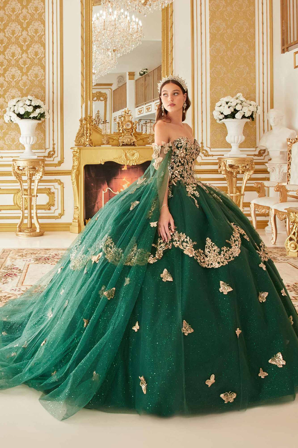 Ladivine 15721 Long Strapless Tulle Cape Sleeve Ball Gown by DiscountDressShop
