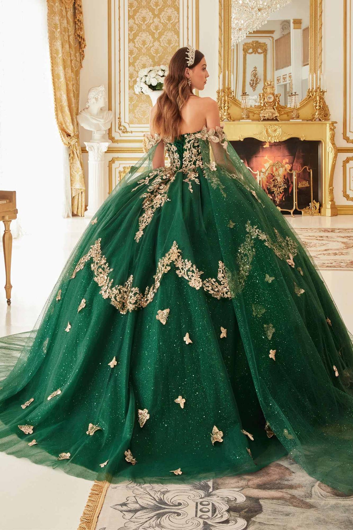 Ladivine 15721 Long Strapless Tulle Cape Sleeve Ball Gown by DiscountDressShop