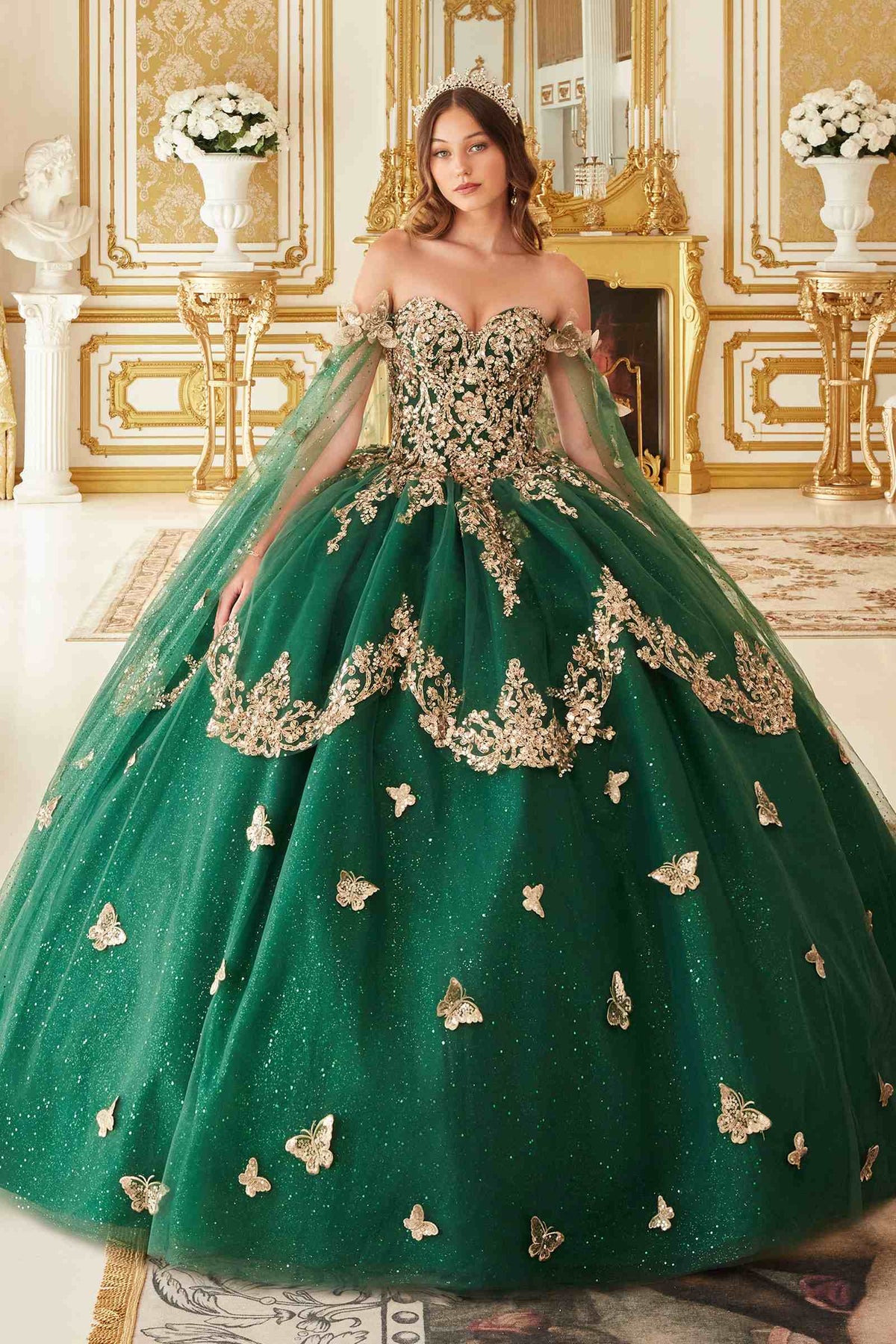 Ladivine 15721 Long Strapless Tulle Cape Sleeve Ball Gown by DiscountDressShop