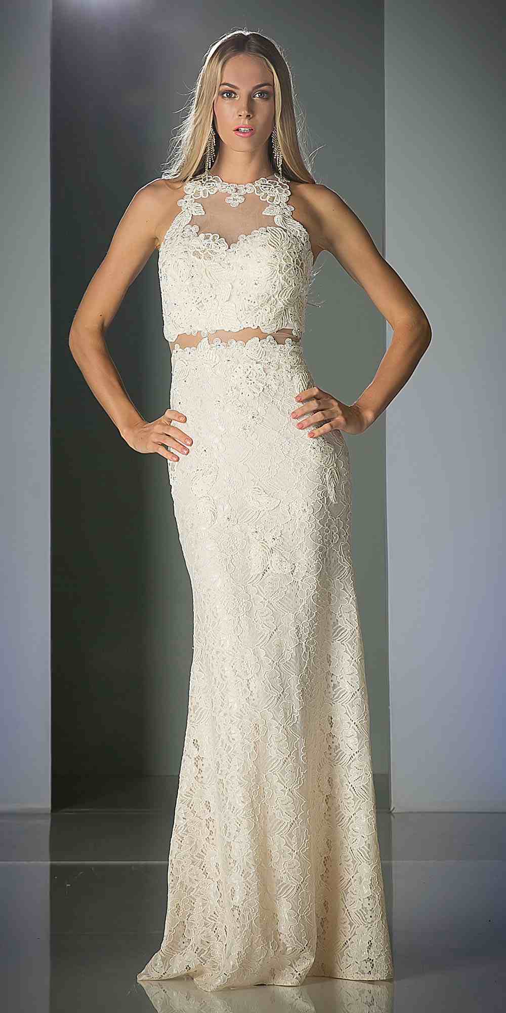 Cinderella Divine 1586 Halter Lace Appliques Mock Two-Piece Gown by DiscountDressShop