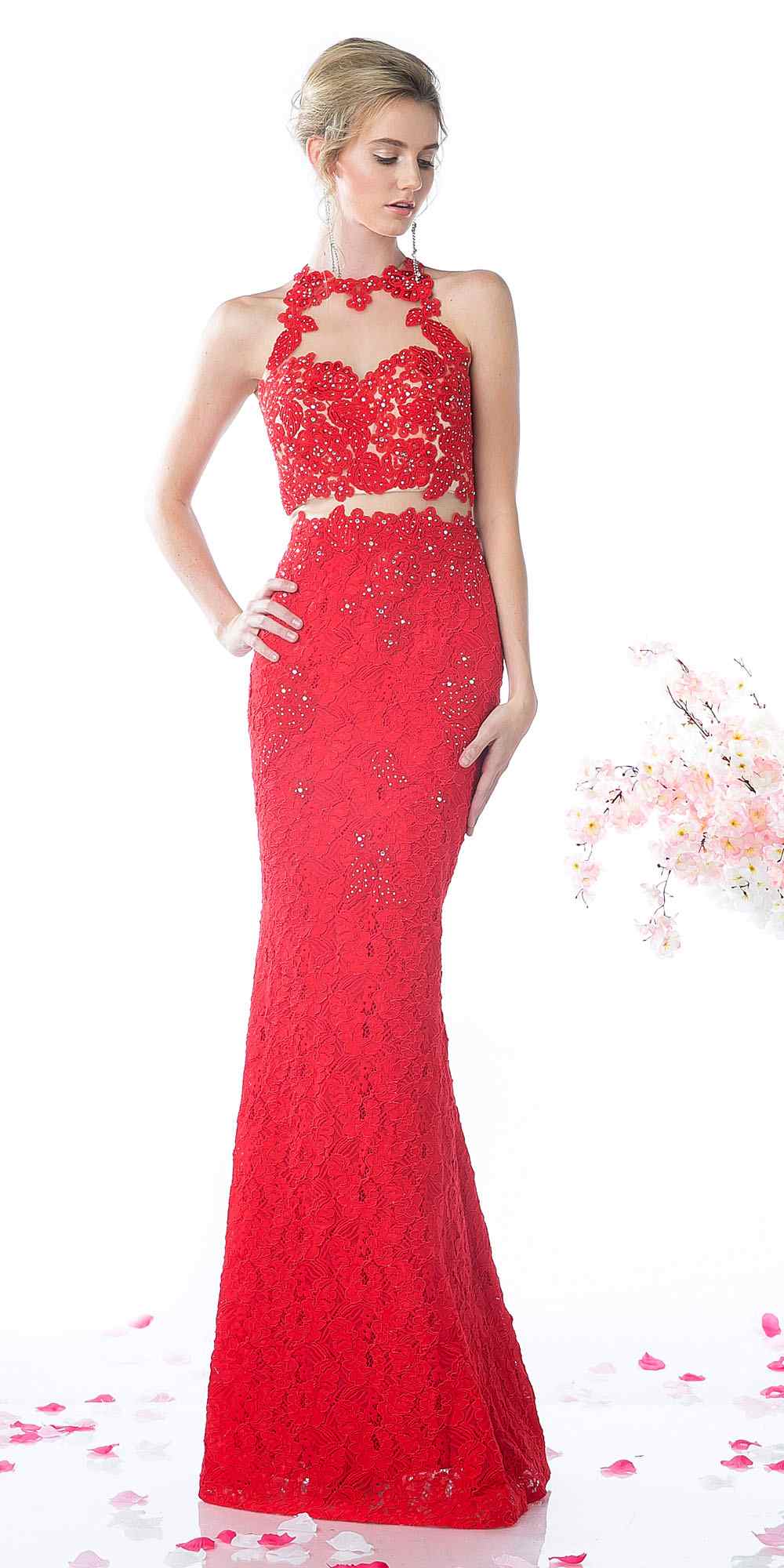 Cinderella Divine 1586 Halter Lace Appliques Mock Two-Piece Gown by DiscountDressShop