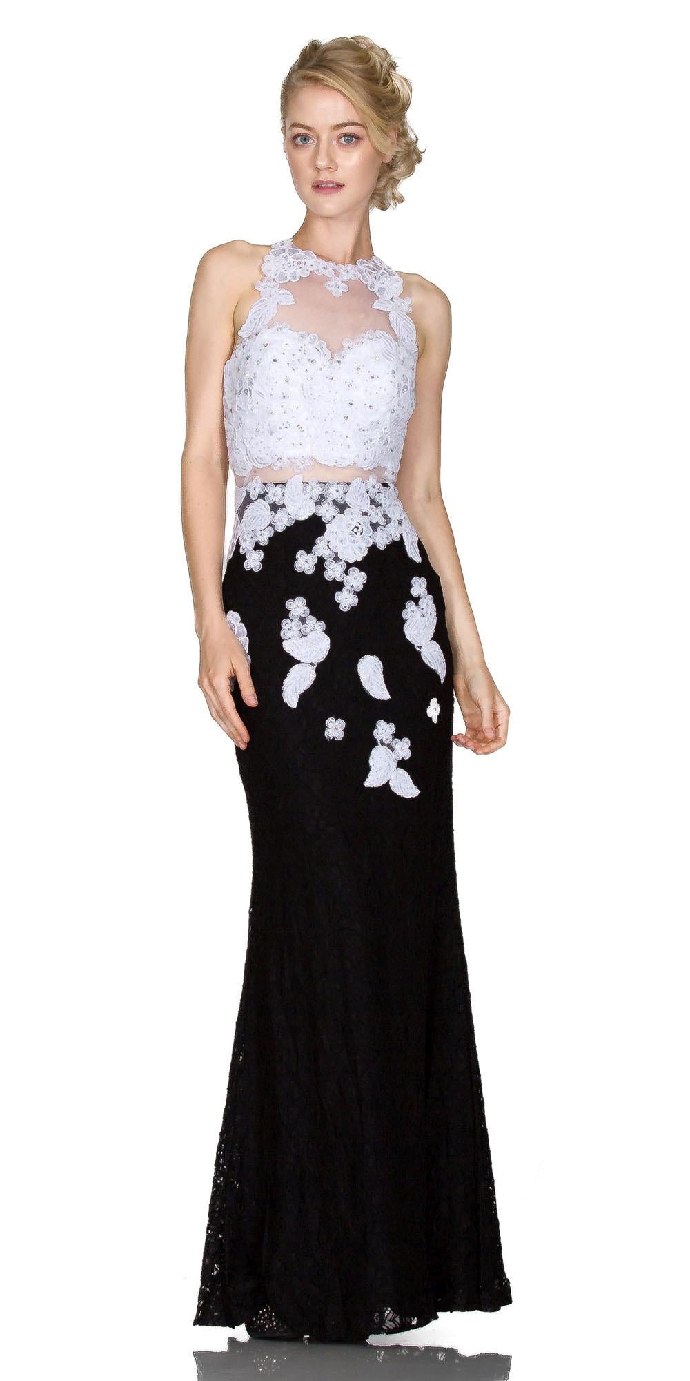 Cinderella Divine 1586 Halter Lace Appliques Mock Two-Piece Gown by DiscountDressShop
