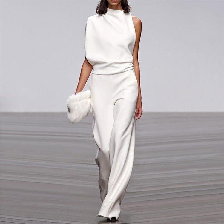 Women Pants Solid Color One Shoulder Pile Collar Jumpsuit Popular Dress Trousers by Bella Mia