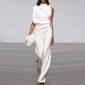 Women Pants Solid Color One Shoulder Pile Collar Jumpsuit Popular Dress Trousers by Bella Mia