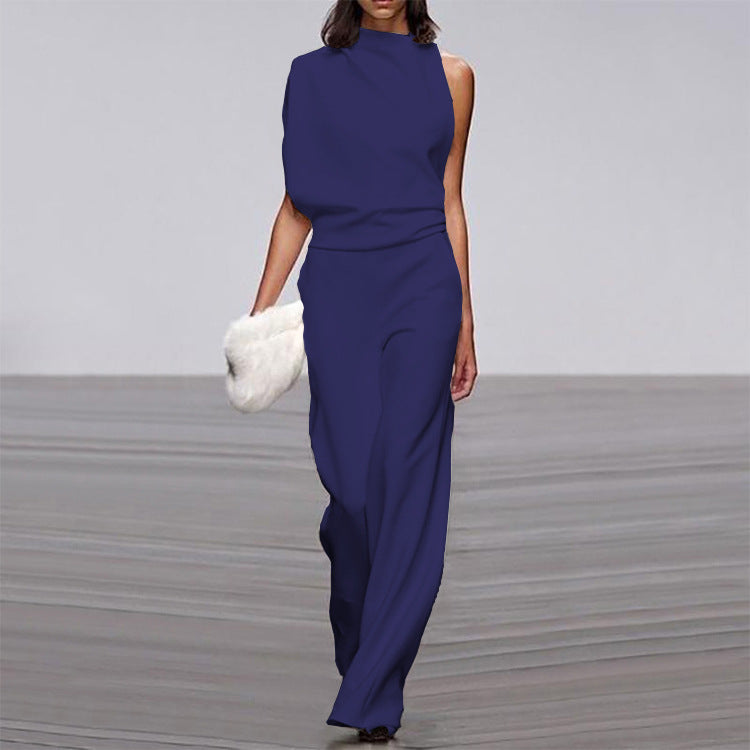 Women Pants Solid Color One Shoulder Pile Collar Jumpsuit Popular Dress Trousers by Bella Mia