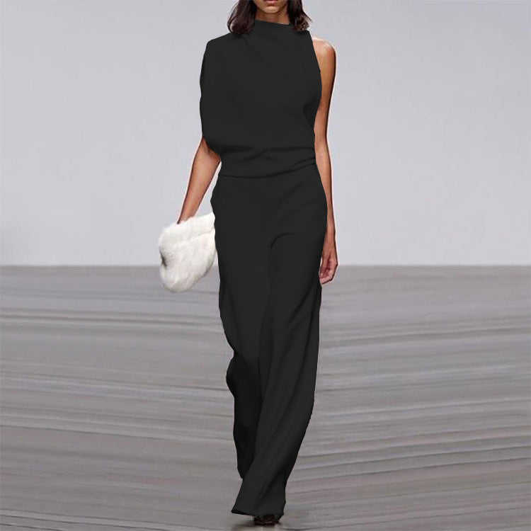 Women Pants Solid Color One Shoulder Pile Collar Jumpsuit Popular Dress Trousers by Bella Mia