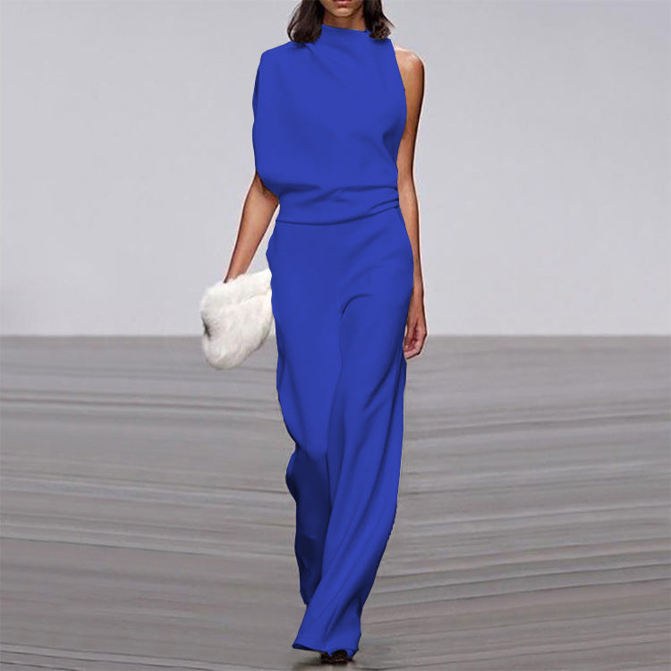 Women Pants Solid Color One Shoulder Pile Collar Jumpsuit Popular Dress Trousers by Bella Mia