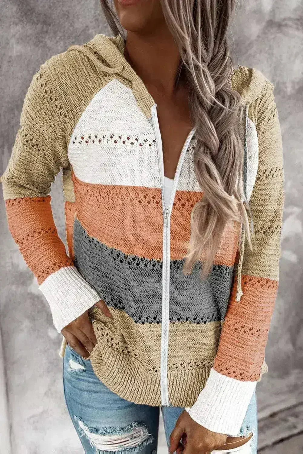 Womens Multicolor Zipped Front Colorblock Hollow-out Knit Hoodie by Femstylo