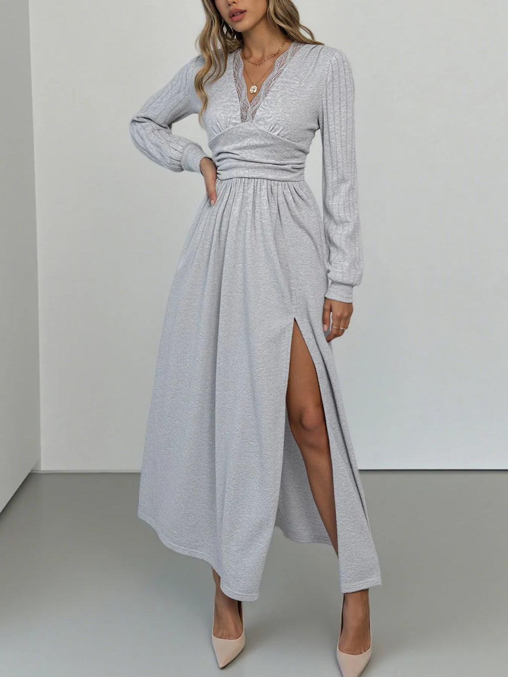 Lace Detail V-Neck Maxi Dress with Side Slit by Simply Love