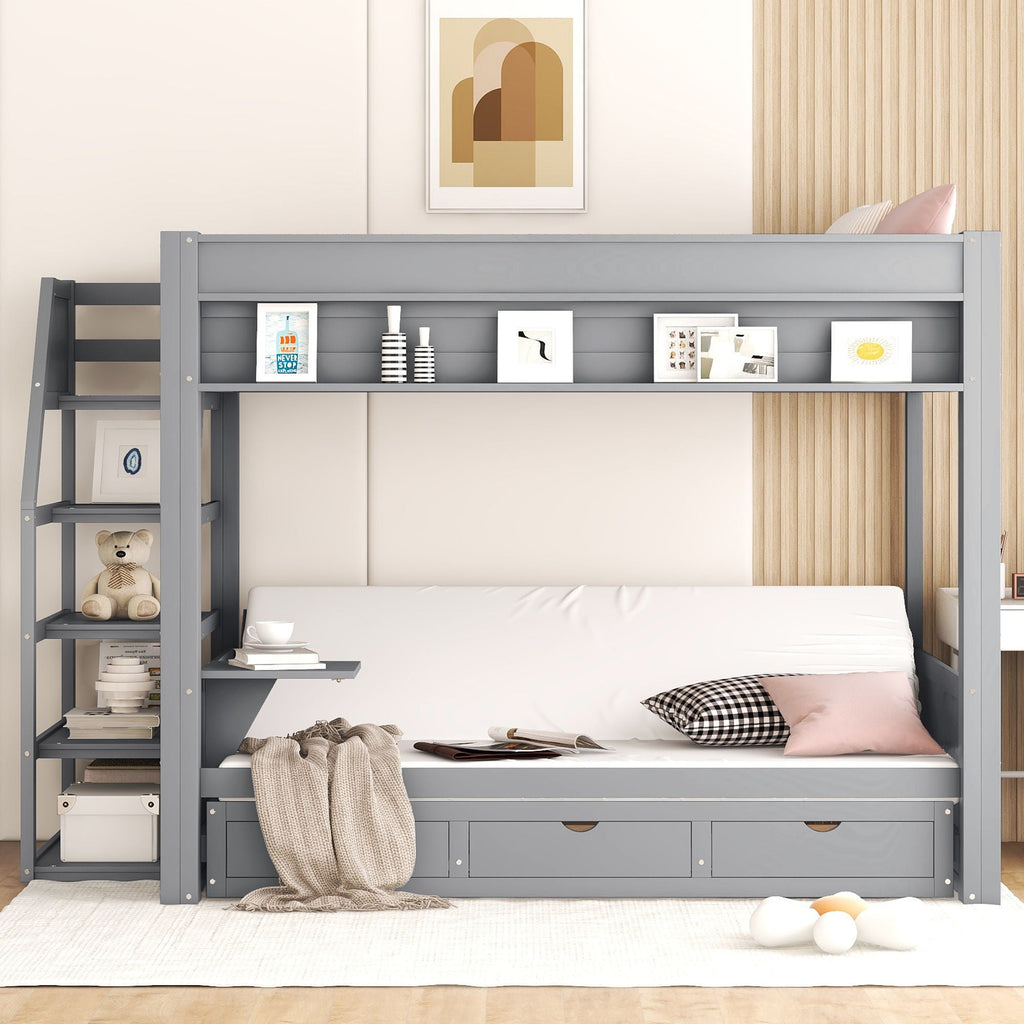 Wood Full Size Convertible Bunk Bed With Storage Staircase, Bedside Table, And 3 Drawers - Gray by Unique Piece Furniture