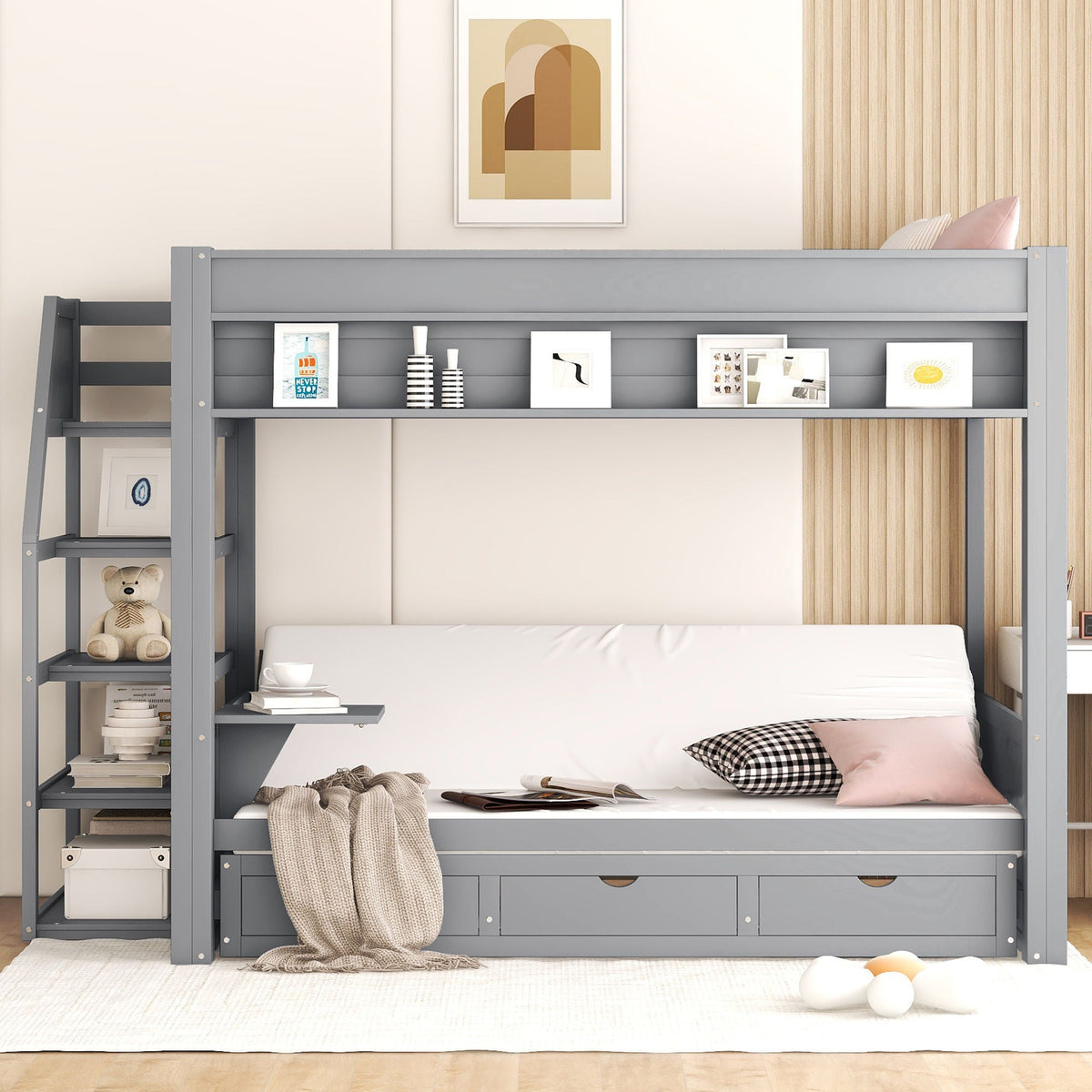 Wood Full Size Convertible Bunk Bed With Storage Staircase, Bedside Table, And 3 Drawers - Gray by Unique Piece Furniture