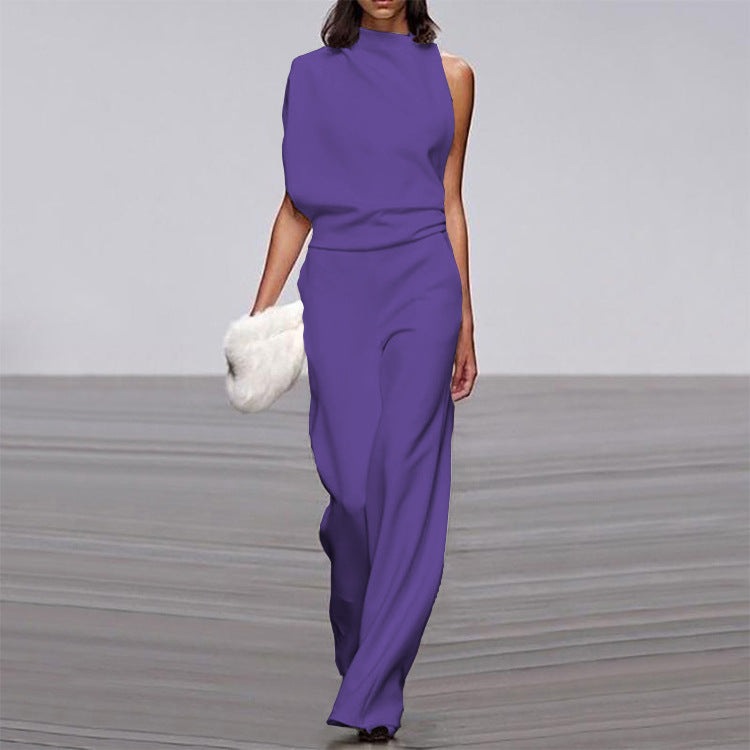 Women Pants Solid Color One Shoulder Pile Collar Jumpsuit Popular Dress Trousers by Bella Mia