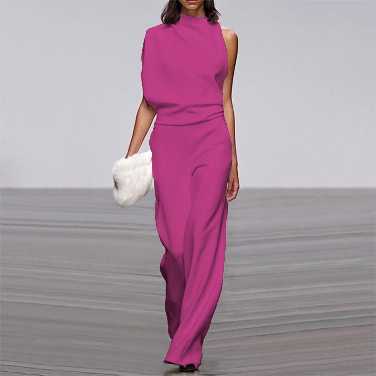 Women Pants Solid Color One Shoulder Pile Collar Jumpsuit Popular Dress Trousers by Bella Mia