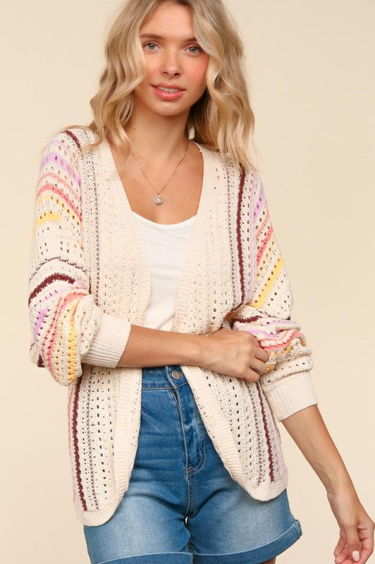 Haptics Full Size Striped Crochet Open Front Cardigan by Wild and Free Boutique