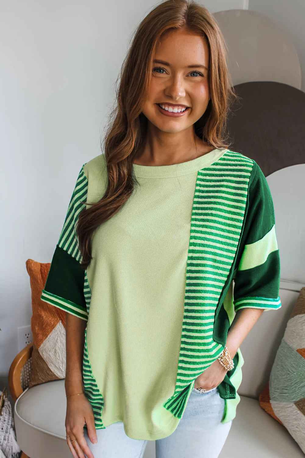 Mint Green Striped Patchwork Textured Colorblock 3/4 Sleeve Knit Top by Wild and Free Boutique