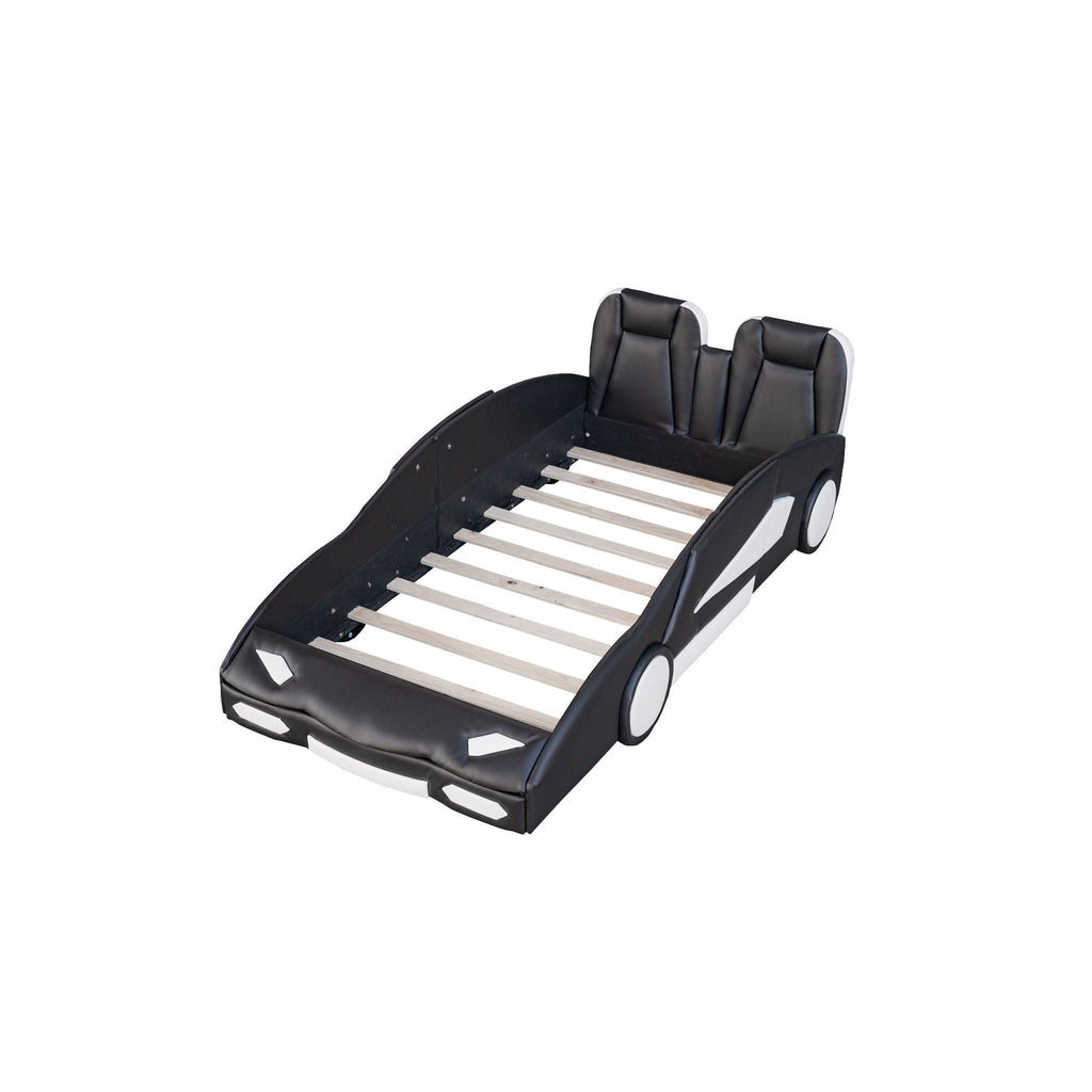 Race Car Shaped Twin Platform Bed With Wheels, Pine Wood Construction by Unique Piece Furniture