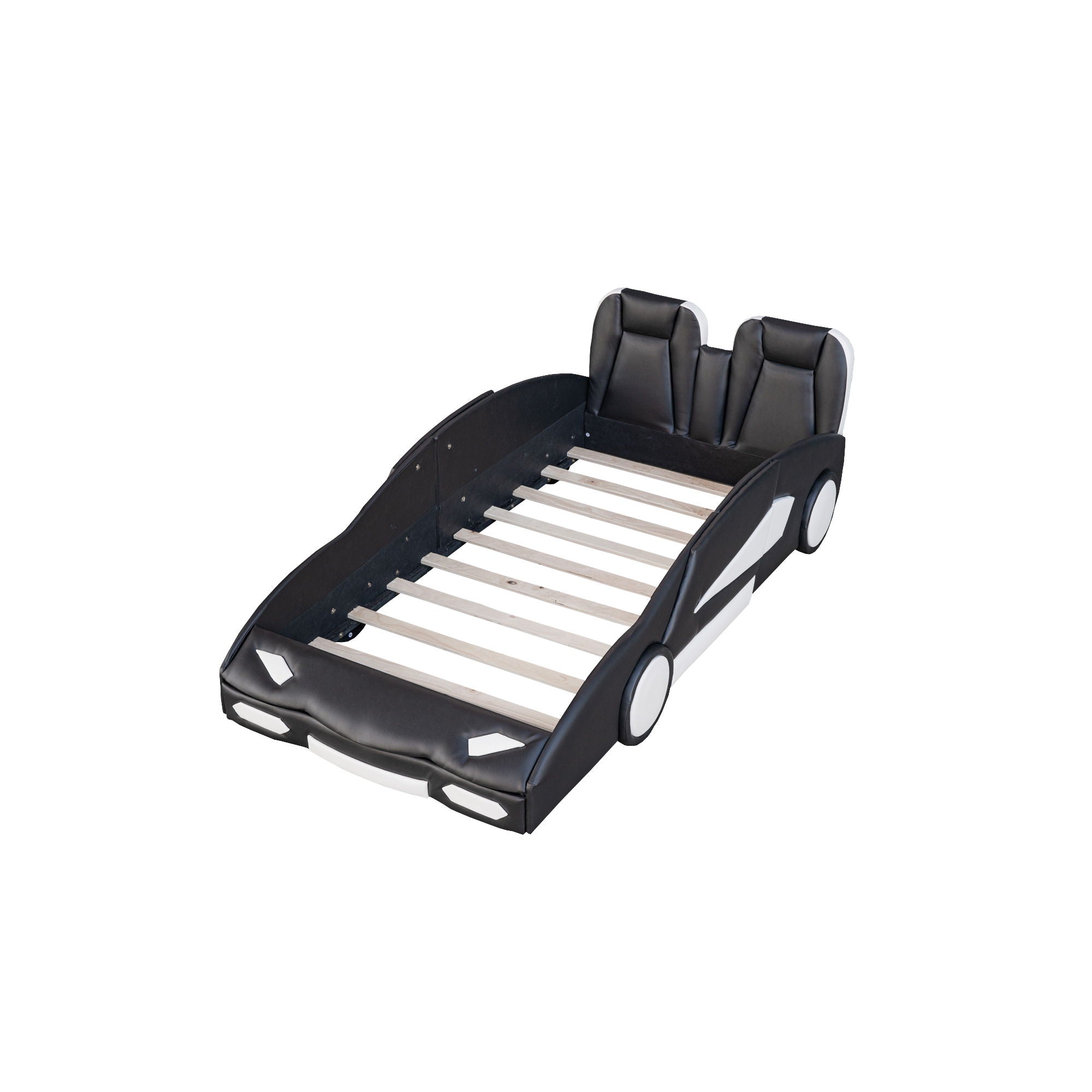 Race Car Shaped Twin Platform Bed With Wheels, Pine Wood Construction by Unique Piece Furniture