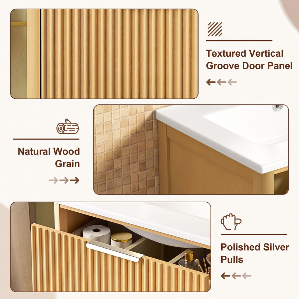 Bathroom Vanity With Sink, Open Shelf & Closed Storage - Natural Wood by Unique Piece Furniture