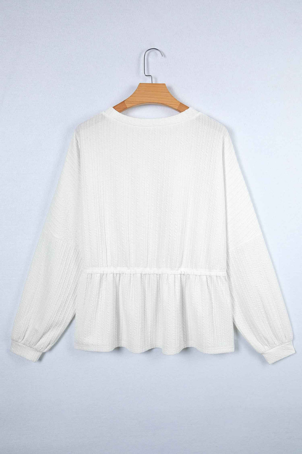 White Solid Color Textured Drop Shoulder Long Sleeve Peplum Top by Wild and Free Boutique