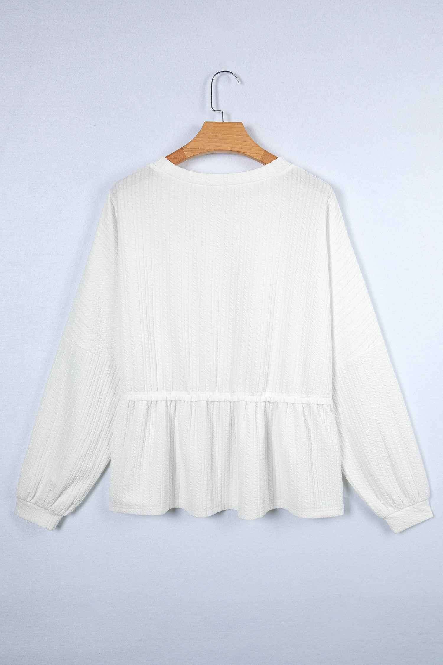 White Solid Color Textured Drop Shoulder Long Sleeve Peplum Top by Wild and Free Boutique